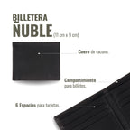 Billetera Ñuble Negra de cuero de vacuno de OLKI con compartimento para billetes y 6 espacios para tarjetas.