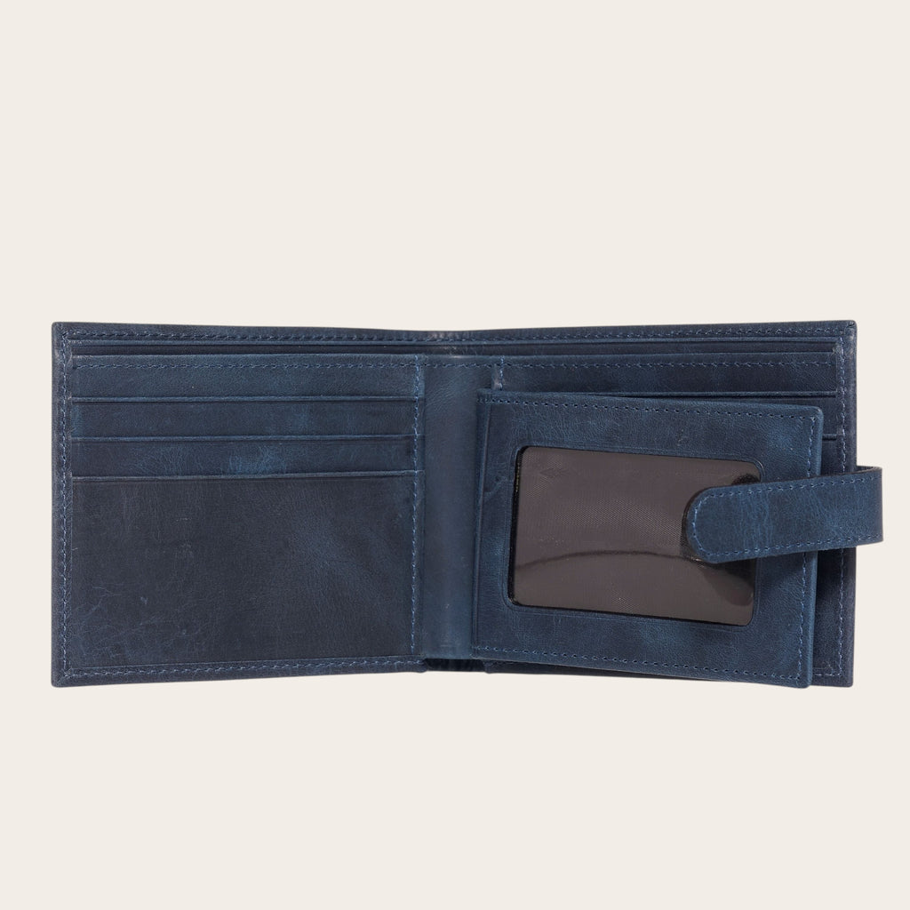 Billetera OLKI Lontué azul marino de cuero con múltiples ranuras para tarjetas y compartimento transparente.