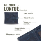 Billetera Lontué azul marino de cuero de vacuno con pasador, ventana para documento y 6 espacios para tarjetas. OLKI.