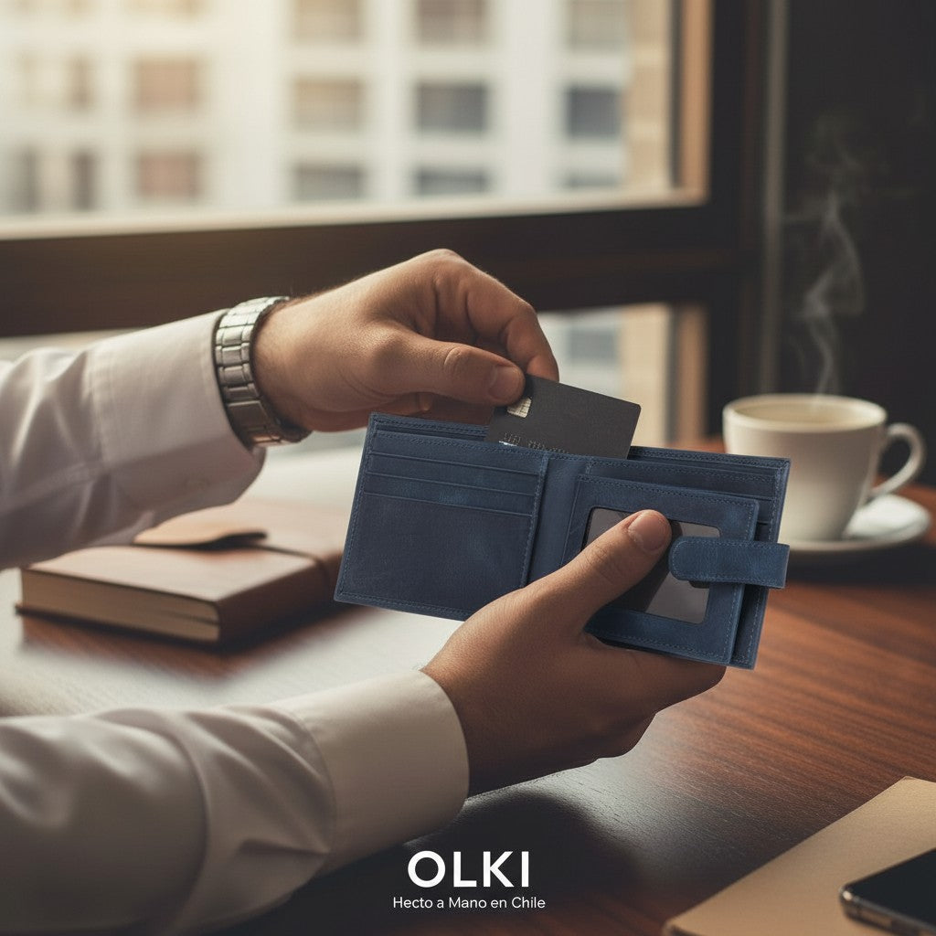 OLKI Billetera Lontué azul marino de cuero con múltiples ranuras para tarjetas y compartimento transparente.