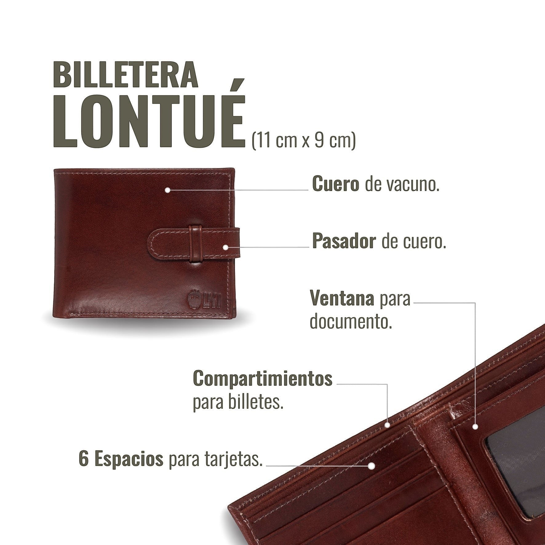 Billetera OLKI Lontué de cuero vacuno color castaño, con pasador, ventana para documento y 6 espacios para tarjetas.