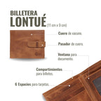 Billetera OLKI Lontué Habano de cuero con pasador, 6 espacios para tarjetas y compartimentos para billetes. Medidas 11x9 cm.