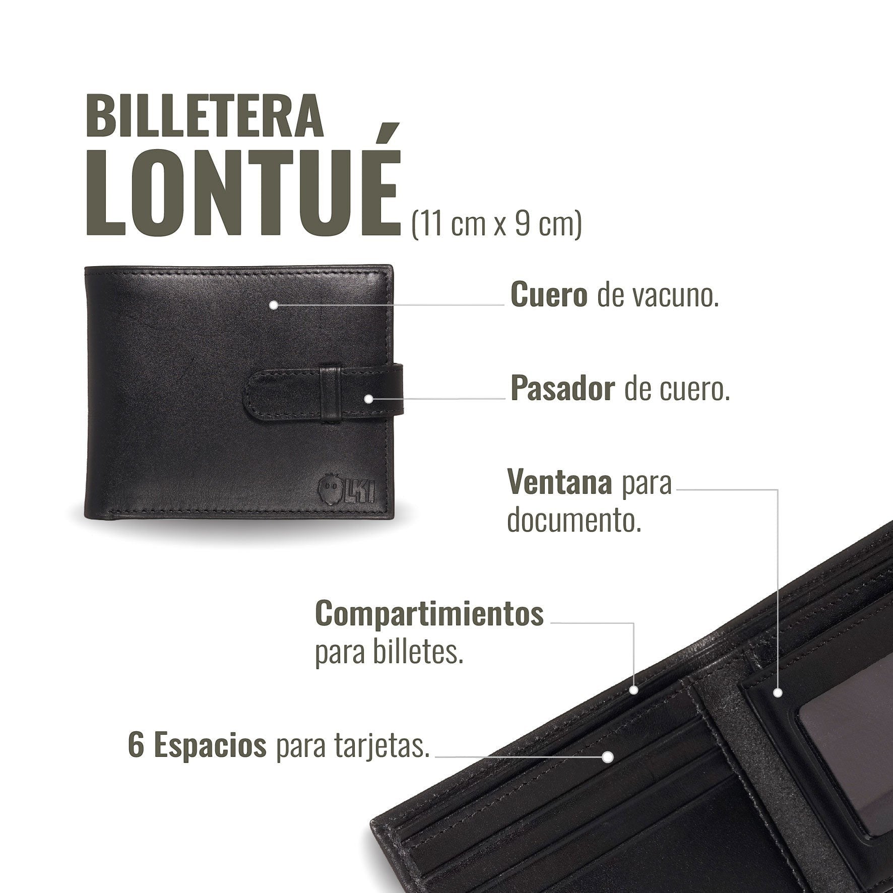 Billetera Lontue Negra de cuero de vacuno con pasador, ventana para documento y múltiples compartimentos para tarjetas y billetes. Medidas 11x9 cm.