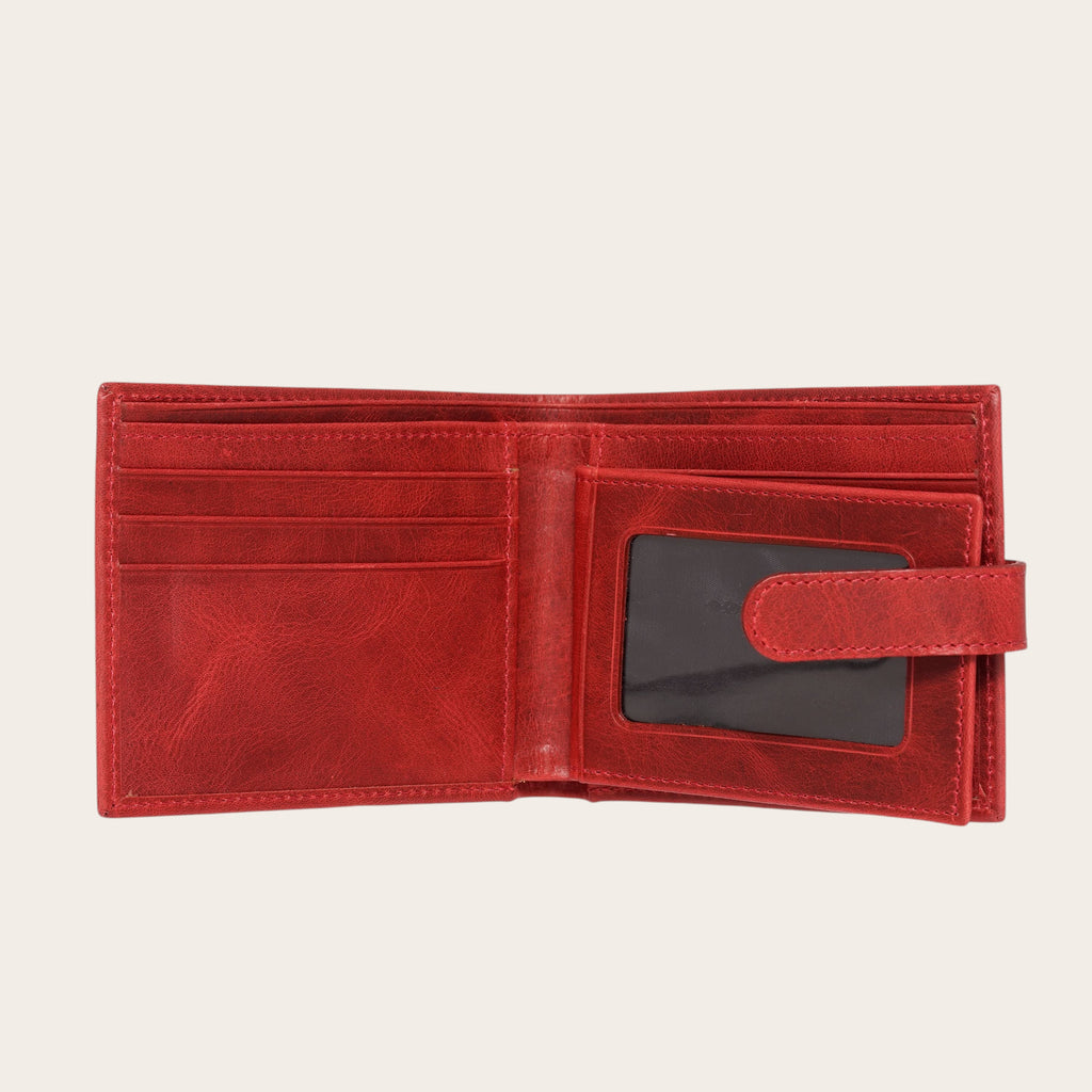 Billetera OLKI Lontué roja de cuero envejecido con múltiples compartimentos para tarjetas y ventana para identificación.