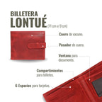 Billetera Lontué roja de cuero de vacuno con pasador, ventana para documento y 6 espacios para tarjetas. OLKI.