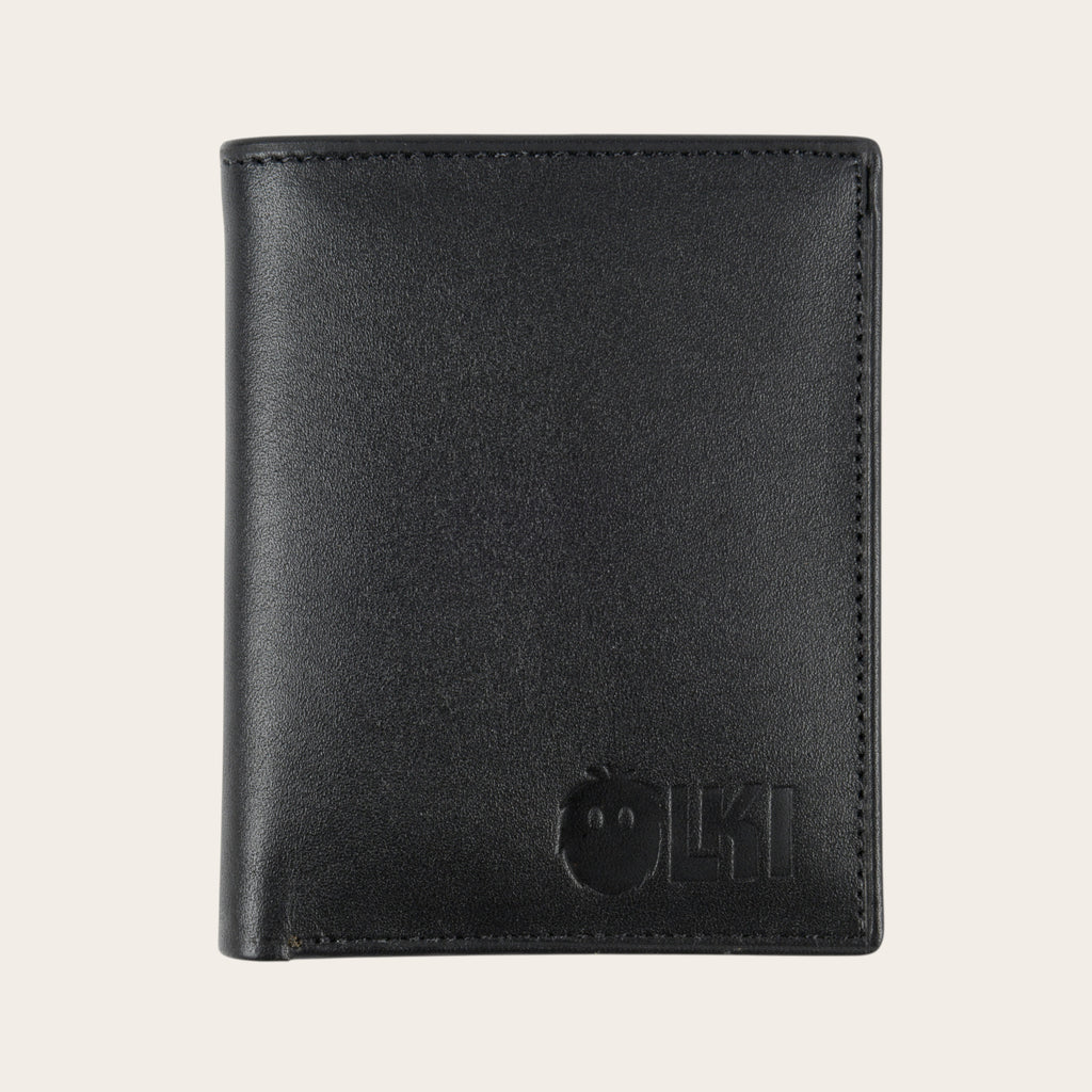 Billetera vertical negra de cuero de vacuno de OLKI con 6 espacios para tarjetas y separador de billetes.