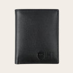 Billetera vertical negra de cuero de vacuno de OLKI con 6 espacios para tarjetas y separador de billetes.