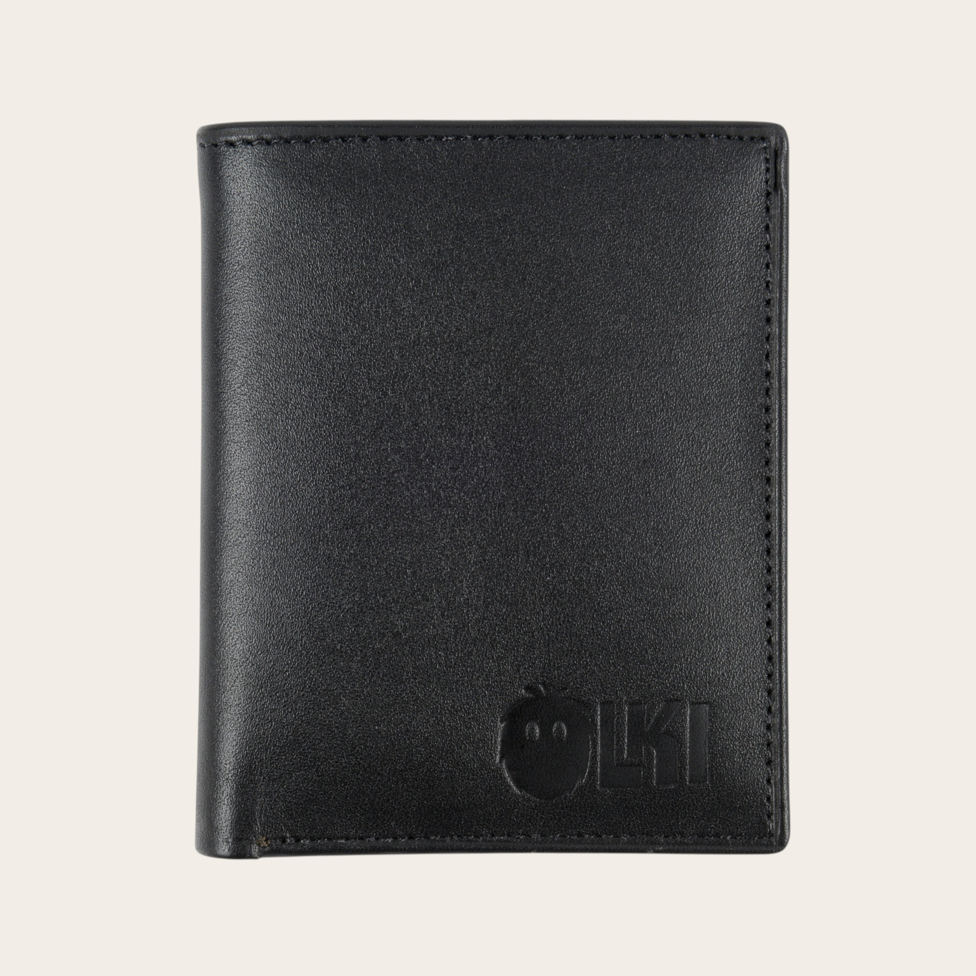 Billetera vertical negra de cuero de vacuno de OLKI con 6 espacios para tarjetas y separador de billetes.