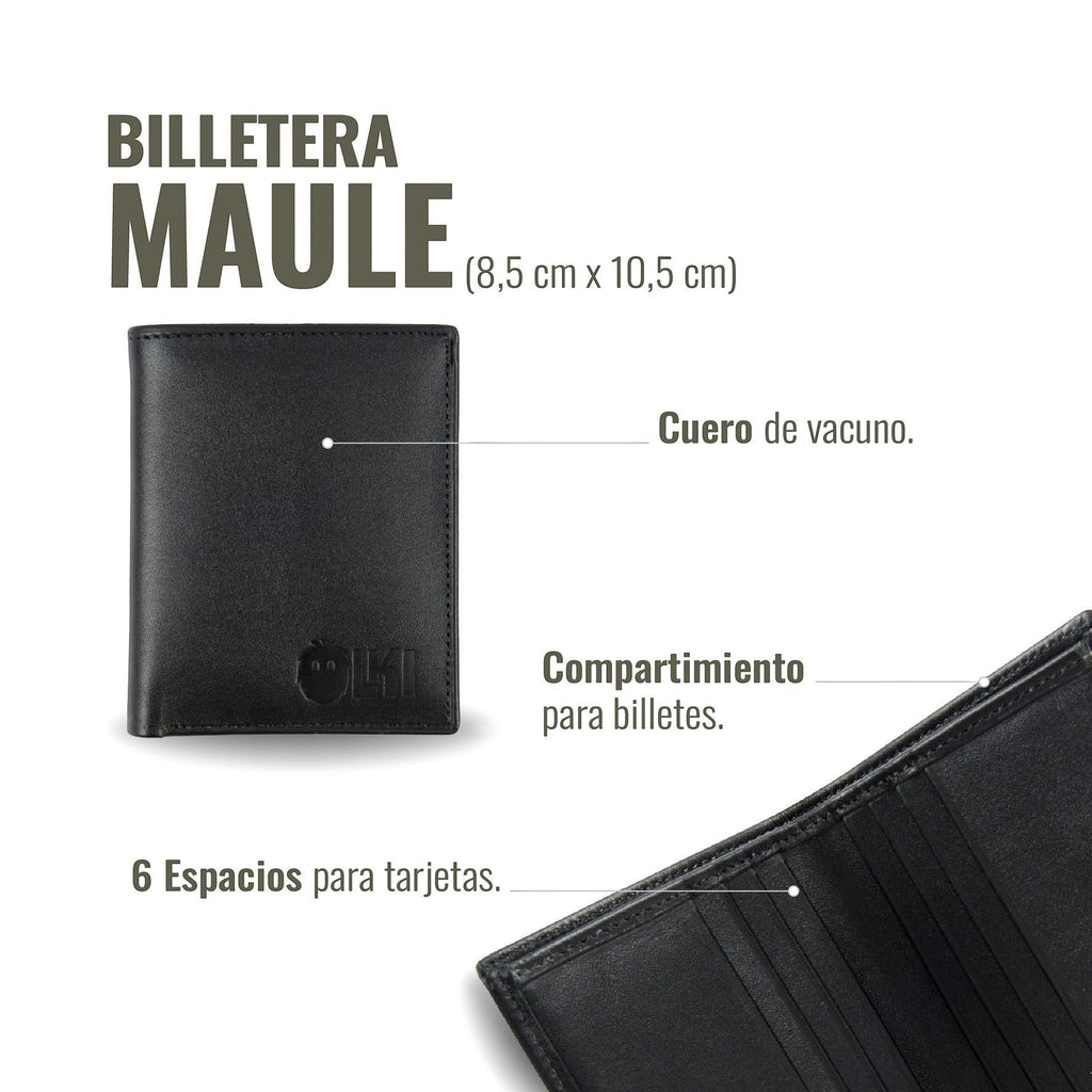 OLKI Billetera Maule Negro vertical de cuero de vacuno con 6 espacios para tarjetas y compartimento para billetes.