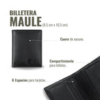 OLKI Billetera Maule Negro vertical de cuero de vacuno con 6 espacios para tarjetas y compartimento para billetes.