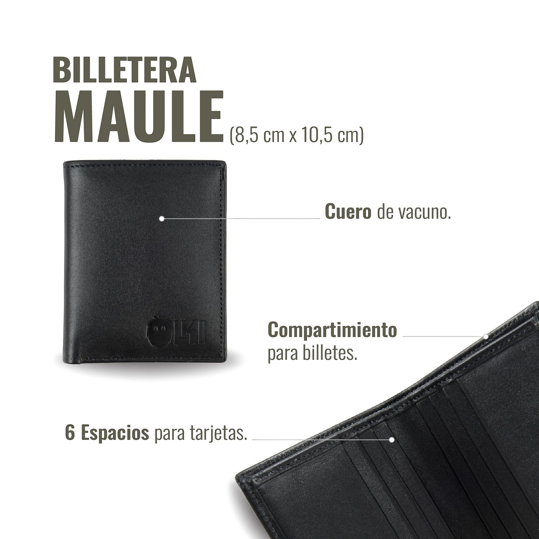 OLKI Billetera Maule Negro vertical de cuero de vacuno con 6 espacios para tarjetas y compartimento para billetes.