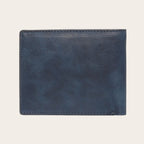 Billetera OLKI Ñuble Azul de cuero con acabado desgastado y múltiples ranuras para tarjetas y billetes.