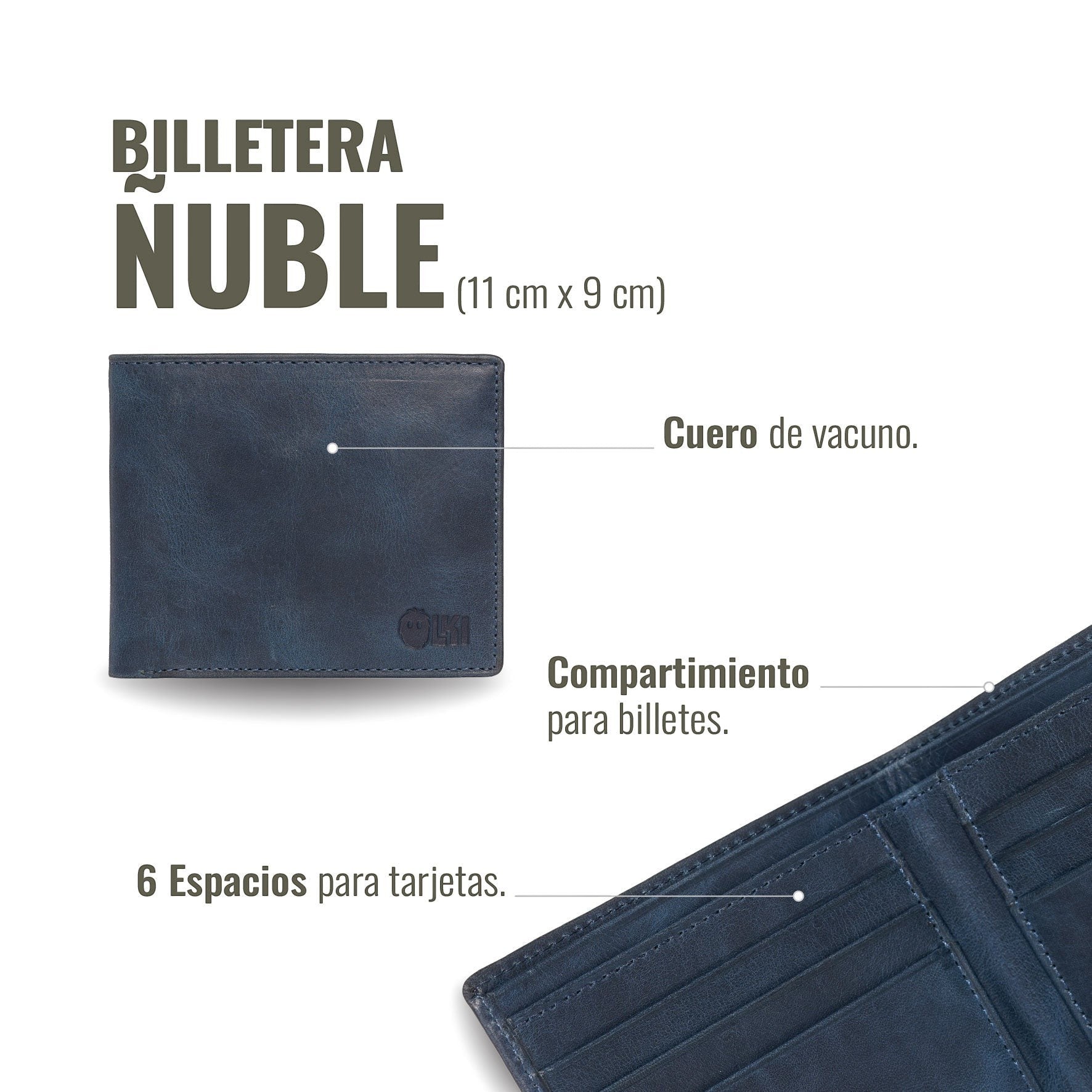 Billetera OLKI Ñuble Azul de cuero de vacuno con compartimento para billetes y 6 espacios para tarjetas.