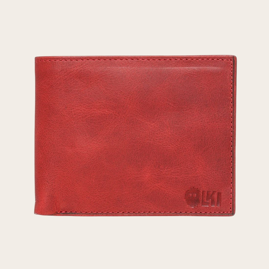 Billetera OLKI Ñuble Rojo de cuero con logo grabado, diseño clásico y funcional para tarjetas y efectivo.