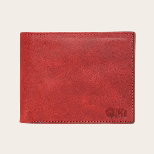 Billetera OLKI Ñuble Rojo de cuero con logo grabado, diseño clásico y funcional para tarjetas y efectivo.