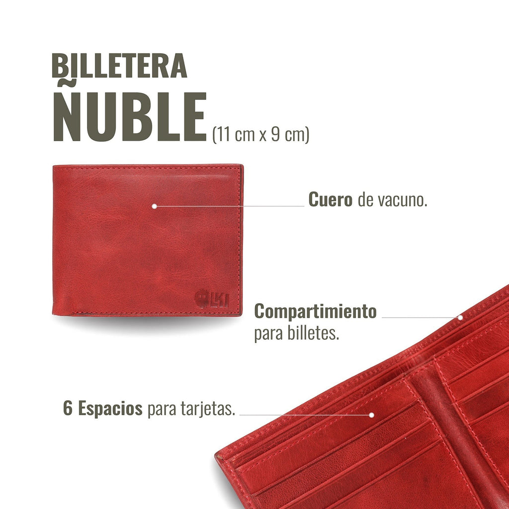 Billetera OLKI Ñuble Rojo de cuero de vacuno con 6 espacios para tarjetas y compartimento para billetes.