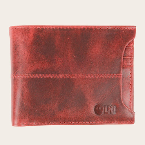Billetera OLKI Ancoa Rojo de cuero con múltiples ranuras para tarjetas y logo grabado.