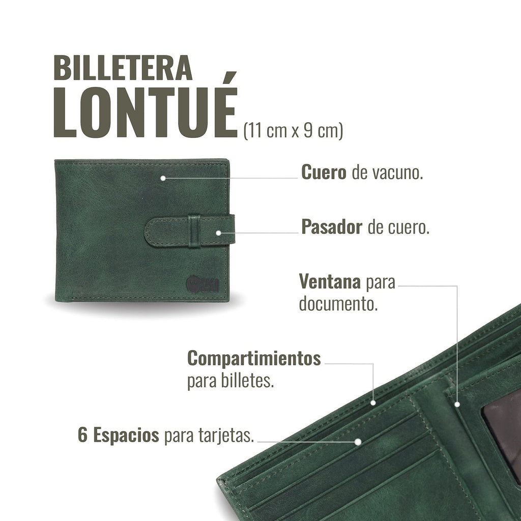 Billetera OLKI Lontué verde de cuero con pasador, ventana para documento y 6 espacios para tarjetas.
