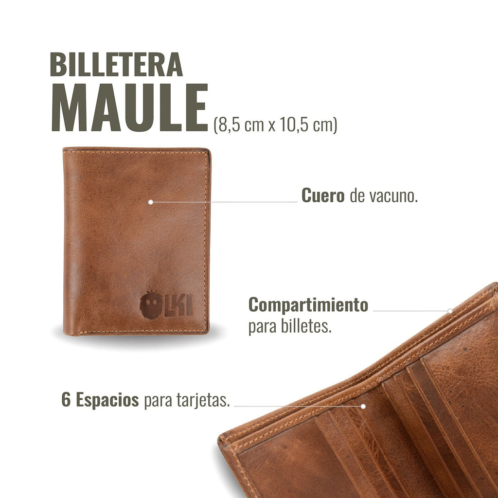 Billetera vertical Maule Habano de cuero genuino OLKI con 6 espacios para tarjetas y compartimento para billetes.