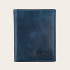 Billetera vertical azul de cuero de vacuno de OLKI con 6 espacios para tarjetas y separador de billetes.