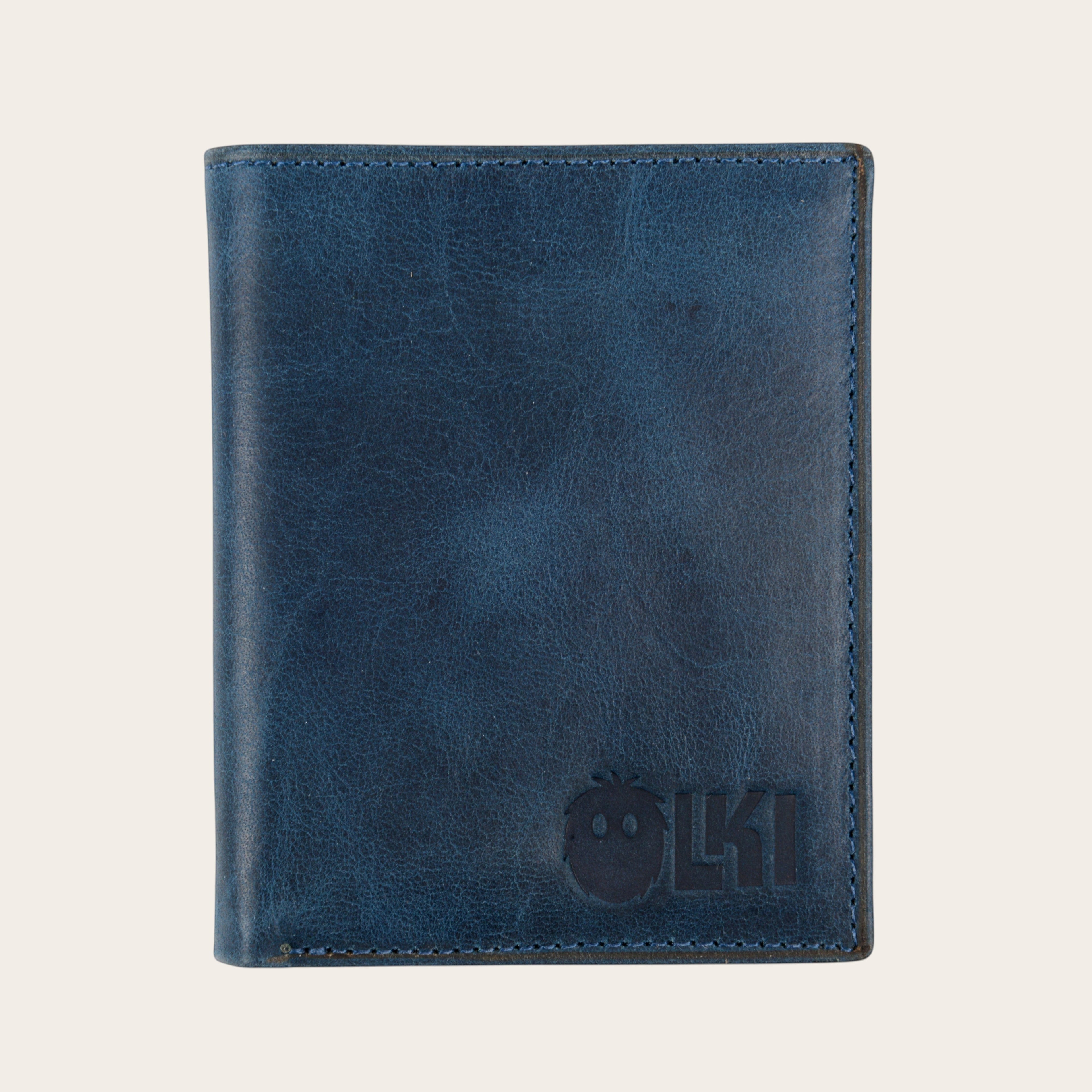 Billetera vertical azul de cuero de vacuno de OLKI con 6 espacios para tarjetas y separador de billetes.