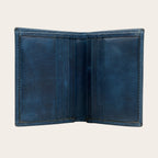 Billetera vertical OLKI Maule azul de cuero con múltiples ranuras para tarjetas.