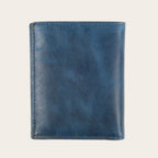 Billetera vertical OLKI Maule en cuero azul con múltiples ranuras para tarjetas.