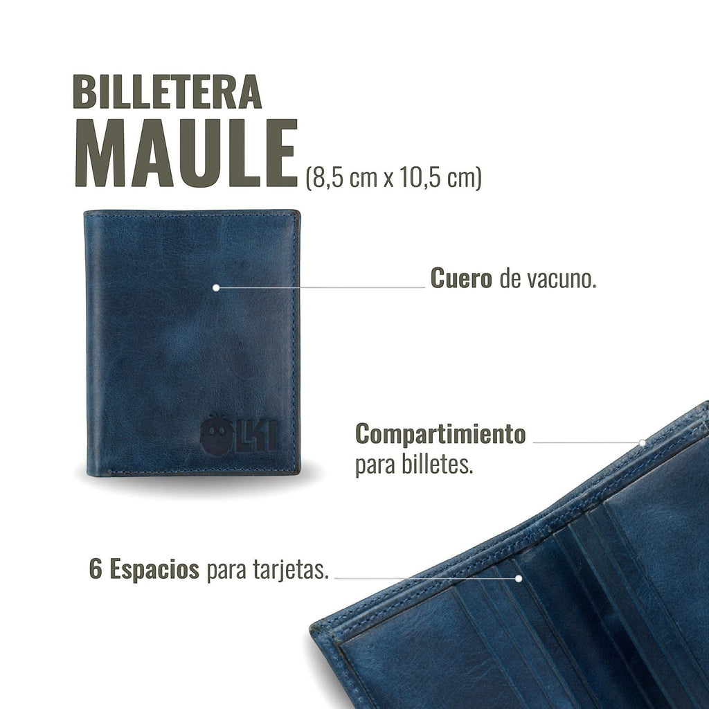 Billetera vertical OLKI Maule azul de cuero de vacuno con 6 espacios para tarjetas y compartimento para billetes.