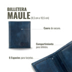 Billetera vertical OLKI Maule azul de cuero de vacuno con 6 espacios para tarjetas y compartimento para billetes.
