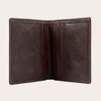 Billetera vertical OLKI Maule de cuero vacuno marrón chocolate con 6 espacios para tarjetas y separador de billetes.