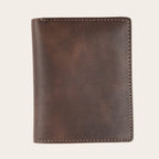 Billetera vertical OLKI Maule de cuero vacuno en color chocolate con 6 espacios para tarjetas y separador de billetes.