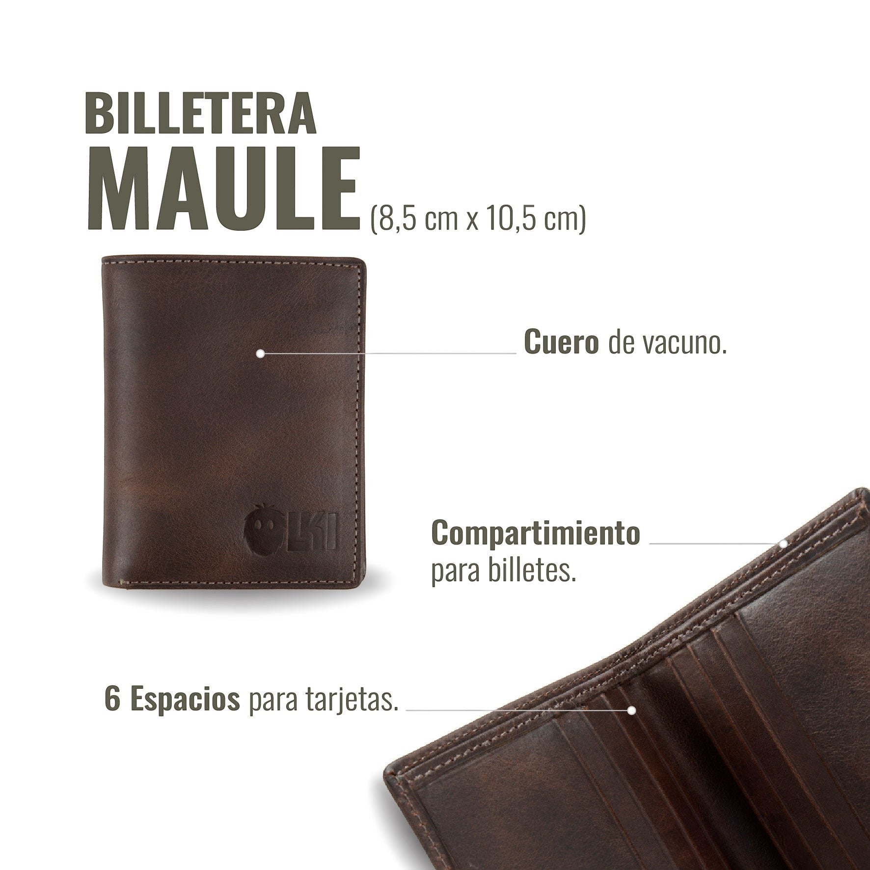 Billetera vertical Maule de cuero de vacuno chocolate de OLKI con 6 espacios para tarjetas y separador de billetes.