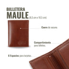 Billetera vertical OLKI Maule de cuero vacuno en color castaño con 6 espacios para tarjetas y compartimento para billetes.