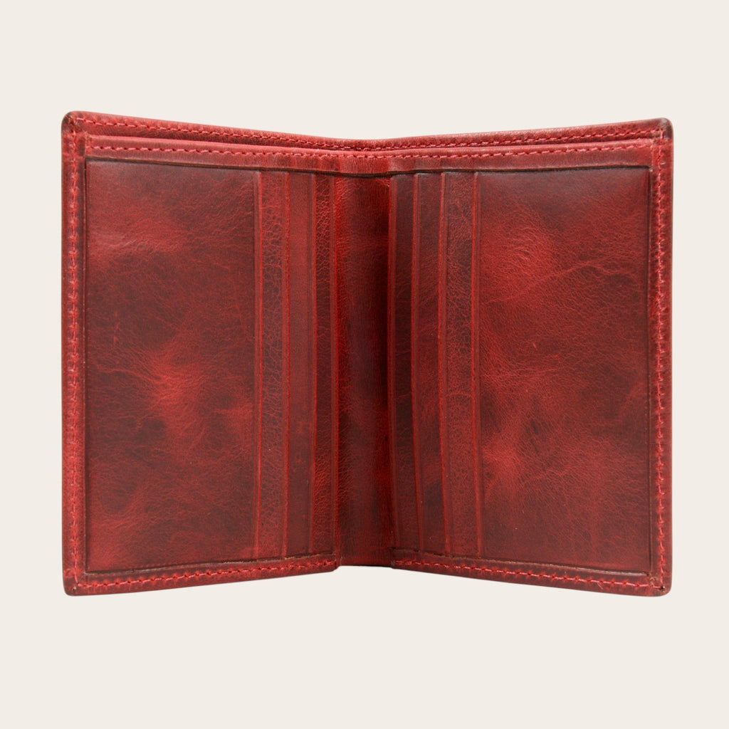 Billetera vertical OLKI roja de cuero de vacuno con 6 espacios para tarjetas y separador de billetes.