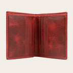 Billetera vertical OLKI roja de cuero de vacuno con 6 espacios para tarjetas y separador de billetes.