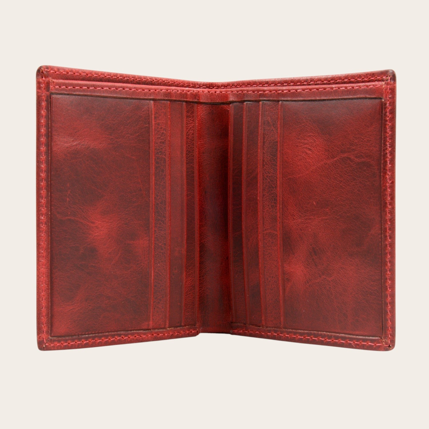 Billetera vertical OLKI roja de cuero de vacuno con 6 espacios para tarjetas y separador de billetes.