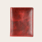 Billetera vertical OLKI roja de cuero de vacuno con 6 espacios para tarjetas y separador de billetes.