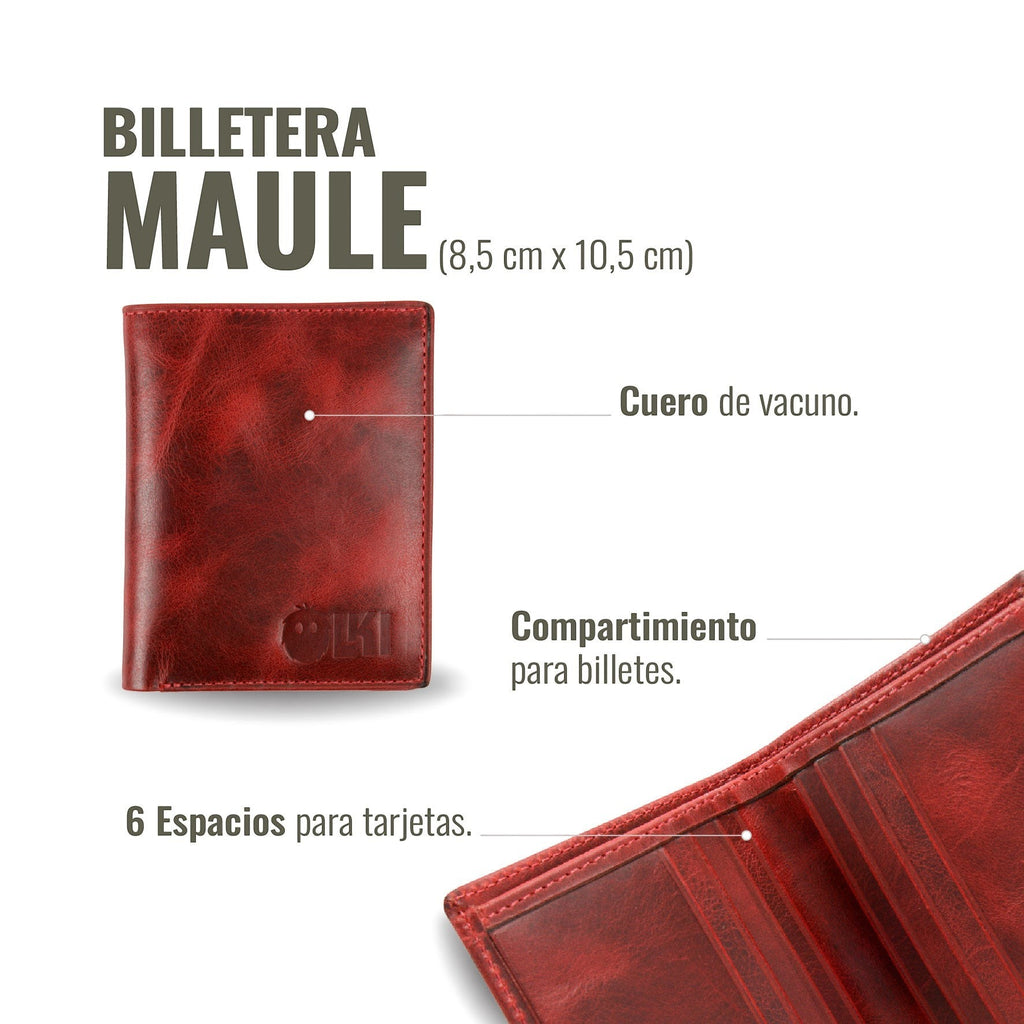 Billetera vertical OLKI Maule de cuero de vacuno rojo con 6 espacios para tarjetas y separador de billetes.