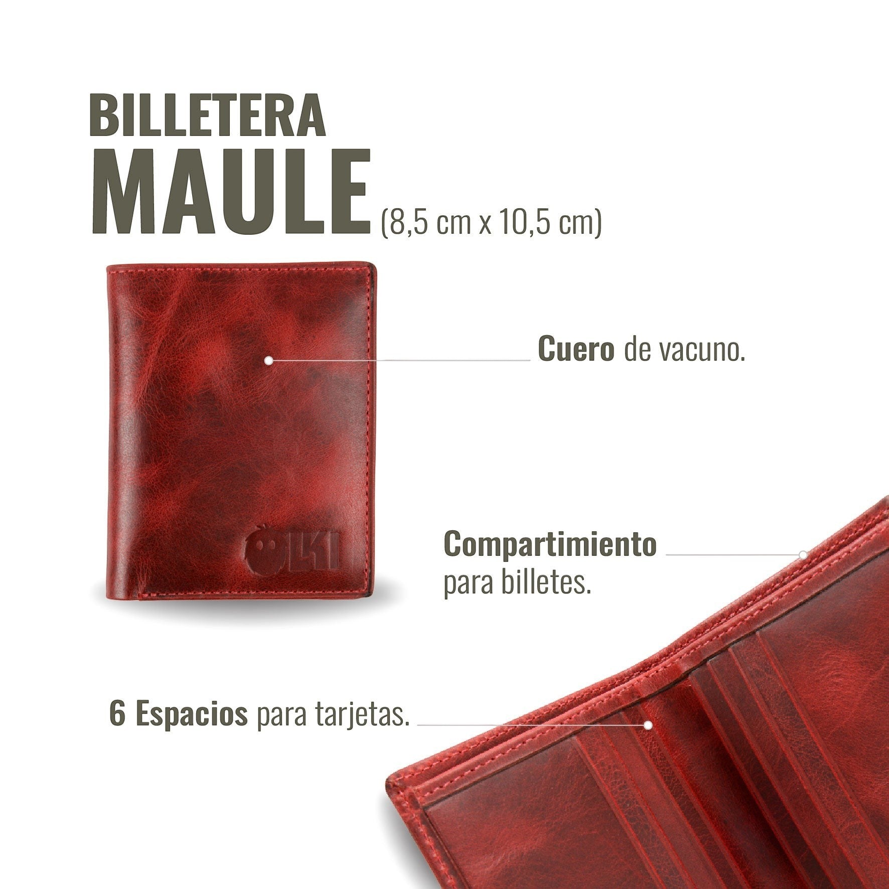 Billetera vertical OLKI Maule de cuero de vacuno rojo con 6 espacios para tarjetas y separador de billetes.