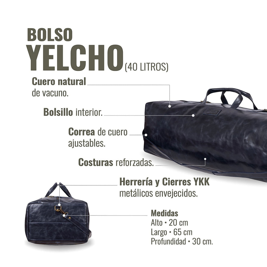 Bolso de viaje OLKI Yelcho azul marino de cuero natural de vacuno con correa ajustable y costuras reforzadas.