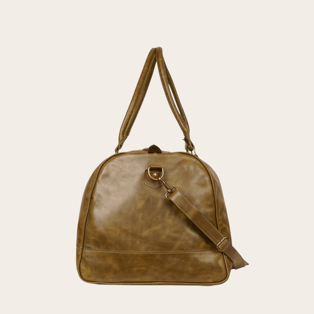 Bolso de cuero vacuno verde musgo de OLKI con asas y correa desmontable, herrajes envejecidos.