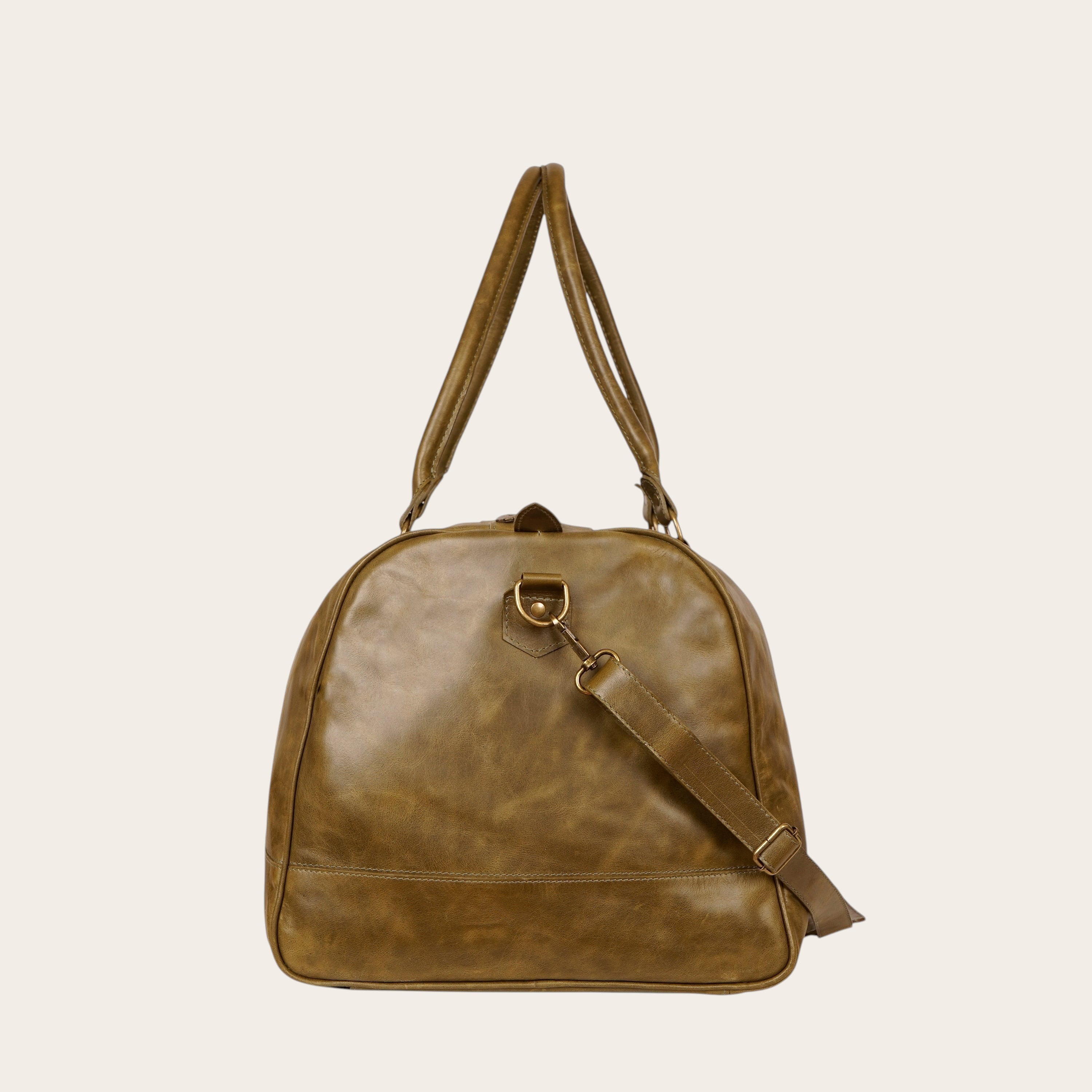 Bolso de cuero vacuno verde musgo de OLKI con asas y correa desmontable, herrajes envejecidos.