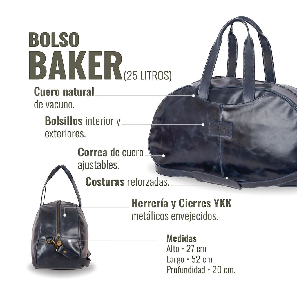 Bolso de viaje OLKI Baker azul marino de cuero con correa ajustable y costuras reforzadas. Capacidad 25 litros.