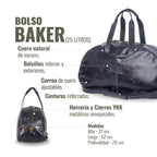 Bolso de viaje OLKI Baker azul marino de cuero con correa ajustable y costuras reforzadas. Capacidad 25 litros.