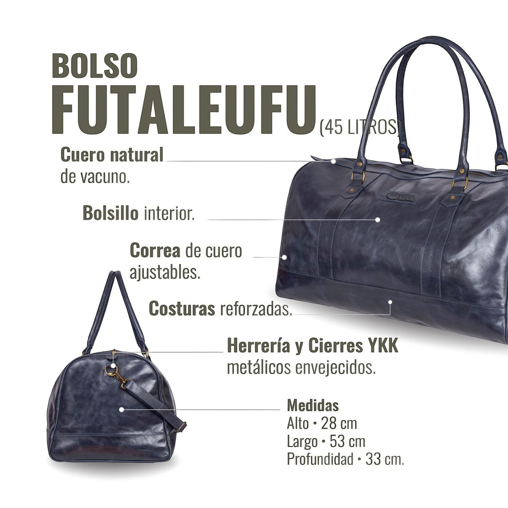 Bolso de viaje OLKI Futaleufu azul marino de cuero natural con acabado desgastado, correa ajustable y herrajes bronce.