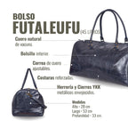 Bolso de viaje OLKI Futaleufu azul marino de cuero natural con acabado desgastado, correa ajustable y herrajes bronce.