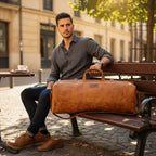 Bolso de viaje vertical OLKI de cuero natural color café con asas superiores y correa de hombro ajustable.