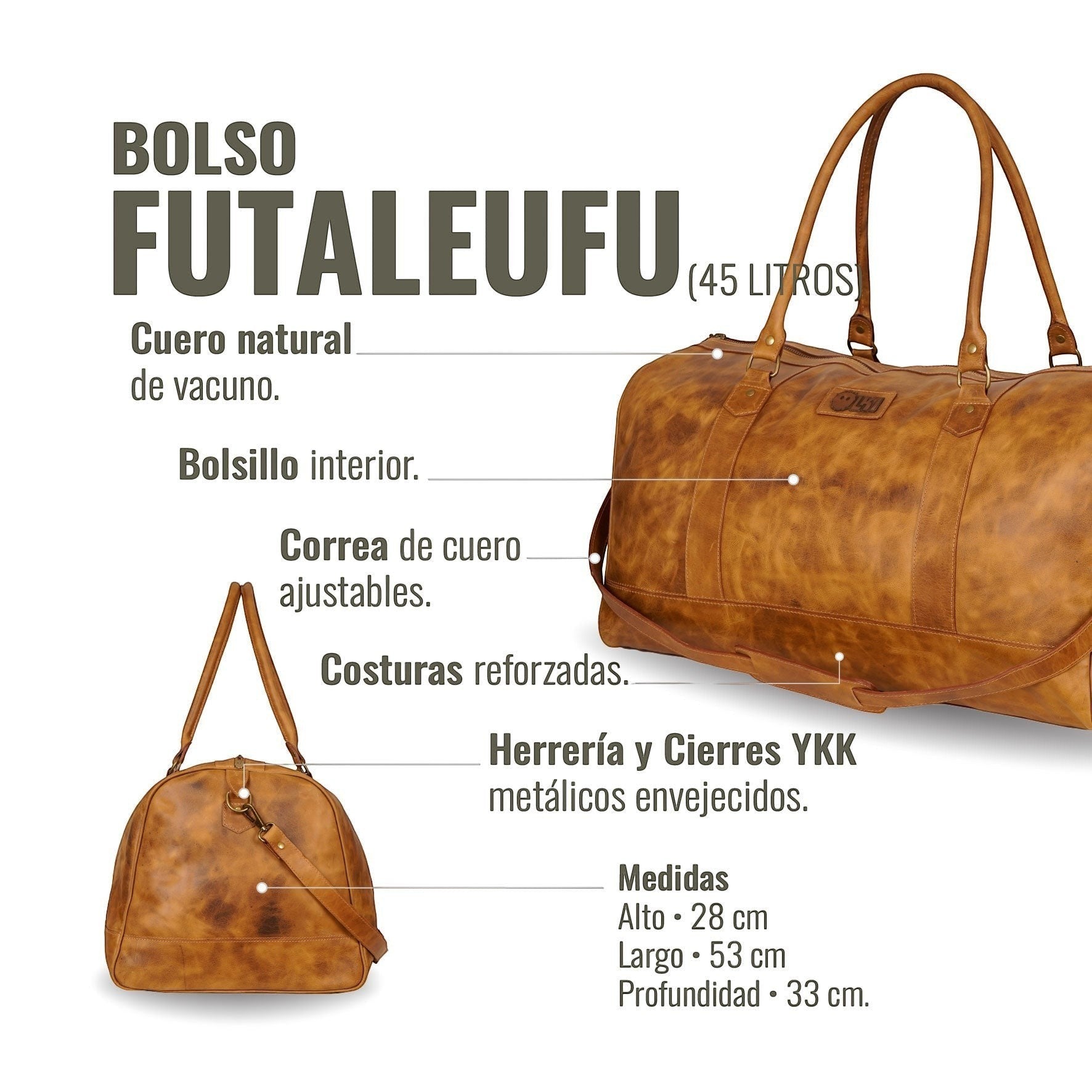 Bolso de viaje OLKI Futaleufu color caramelo en cuero natural de vacuno con bolsillo interior y correa ajustable. Ideal para escapadas.