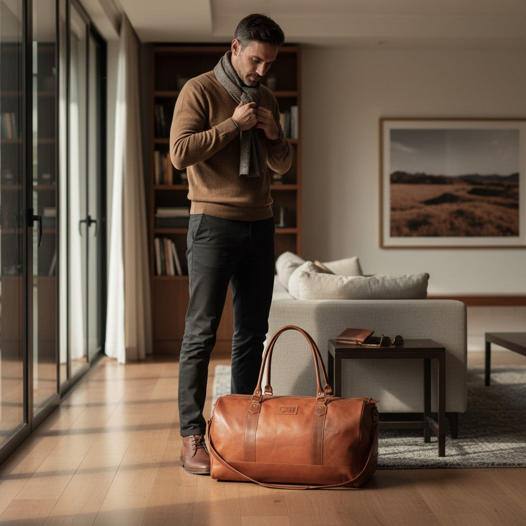 Bolso de viaje OLKI Futaleufu Curry Combinado de cuero con asas y correa ajustable, ideal para escapadas.
