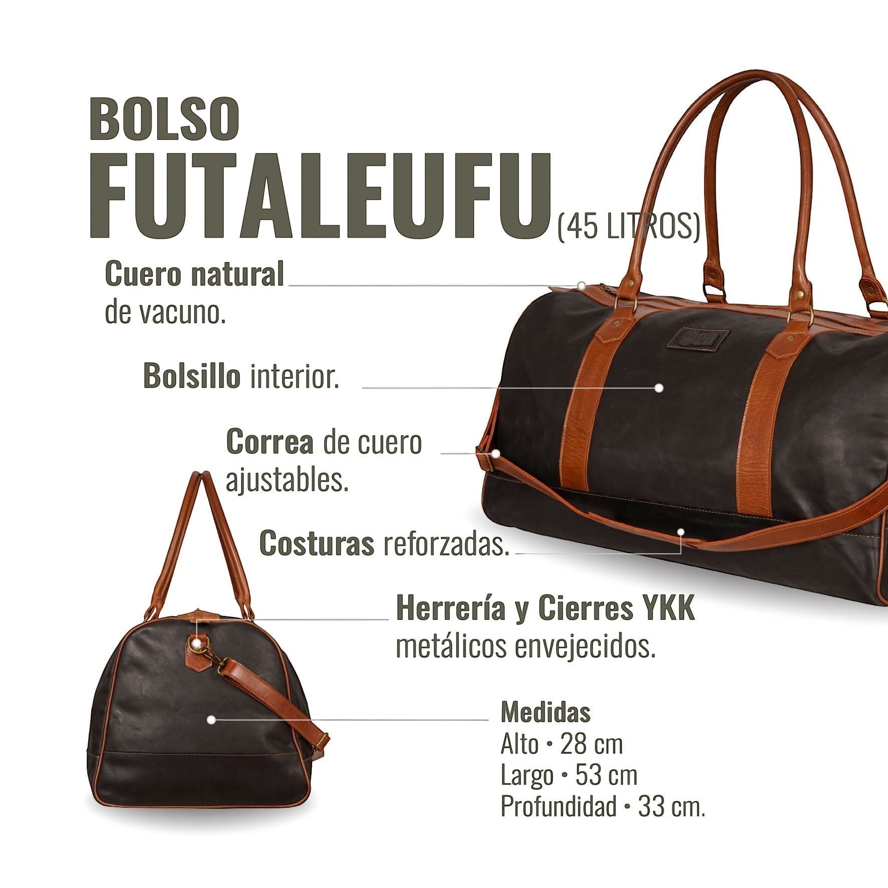 Bolso de viaje OLKI Futaleufu negro de cuero de vacuno con detalles en cuero marrón, correas ajustables y herrajes envejecidos.